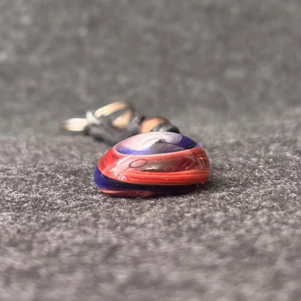 Red, White and Blue Marble Swirl Glass Pendant on Black Cord Keychain